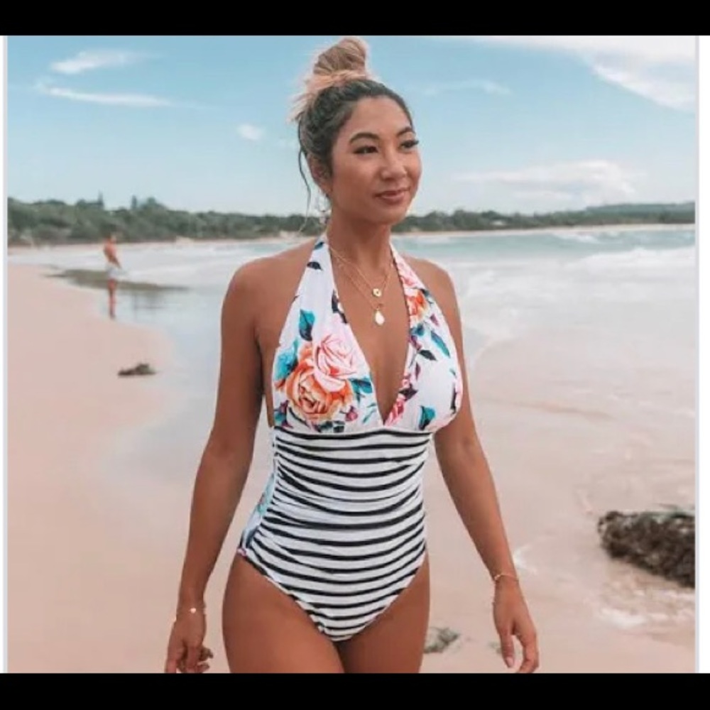 Cupshe large stripe floral one piece swim suit